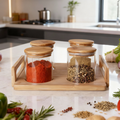 Emmagatzematge de vidre rodó de 4 peces amb safata de fusta